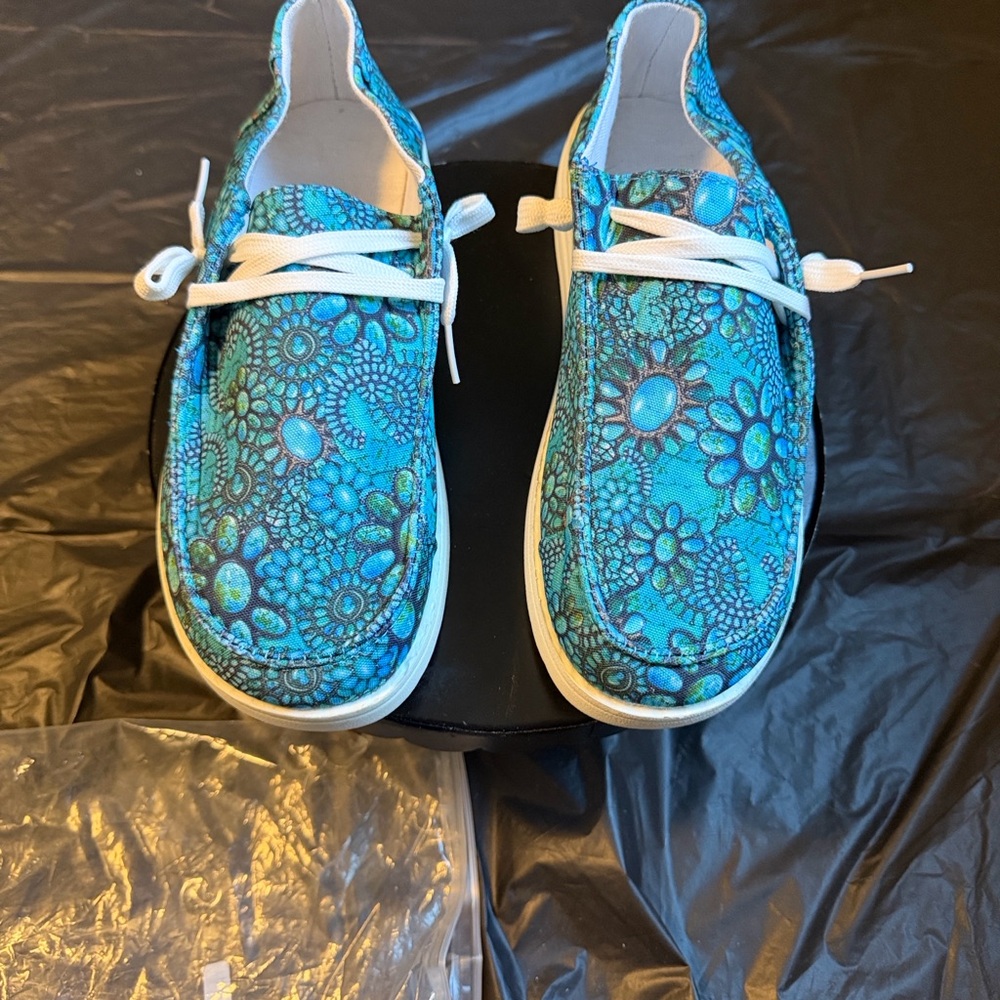 Ladies Canvas Slip On Shoe Turquoise Print Cheyenne Sneakers